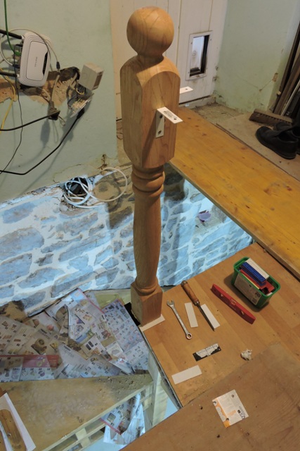 Newel post glued, crewed and bolted into place
