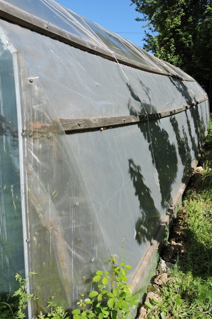 Plastic sheeting cover the mesh underneath