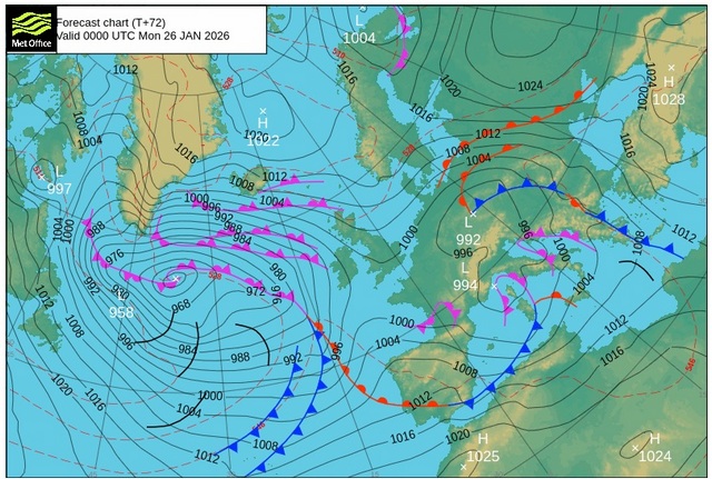 A complex system of warm and cold fronts across the Mediterranean