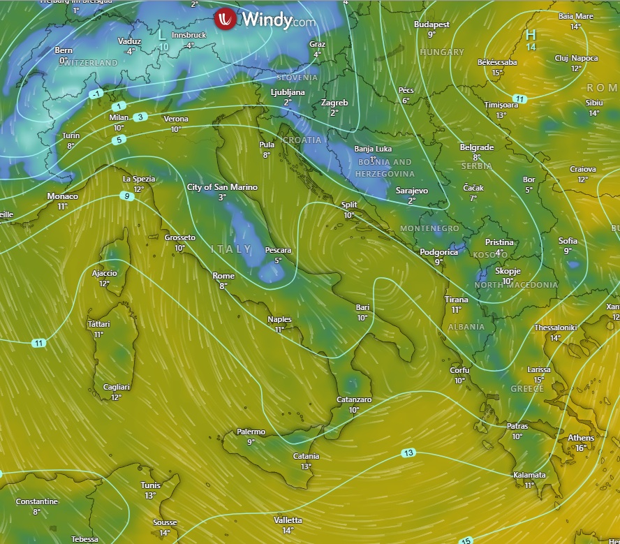 Cold winds flowing around an Adriatic low