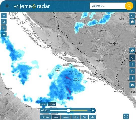 Rainfall radar shows the bulk of the rain passing well to the south